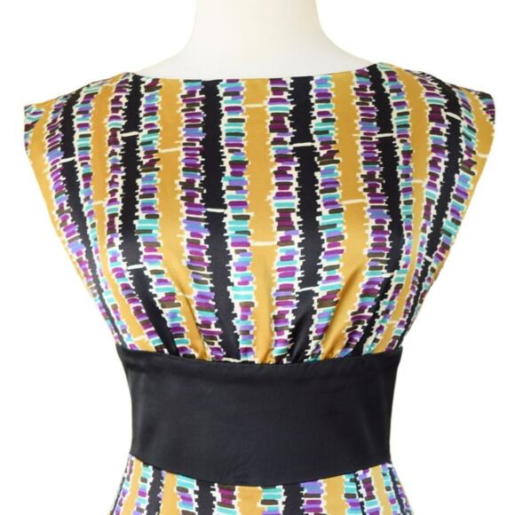 Trina Turk Silk Sleeveless Sheath Dress Workwear Cocktail Gold Black Purple - Picture 6 of 10